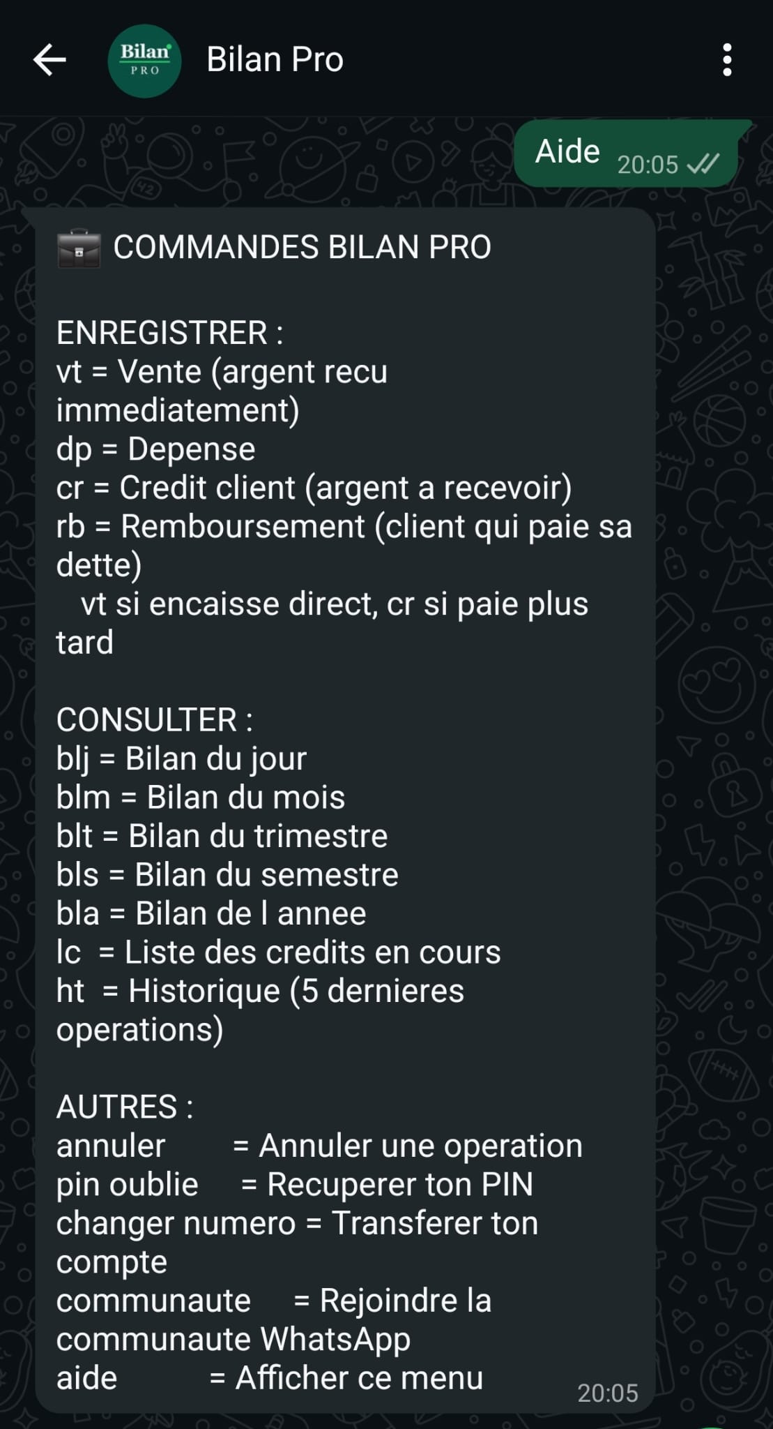 Commandes Bilan Pro